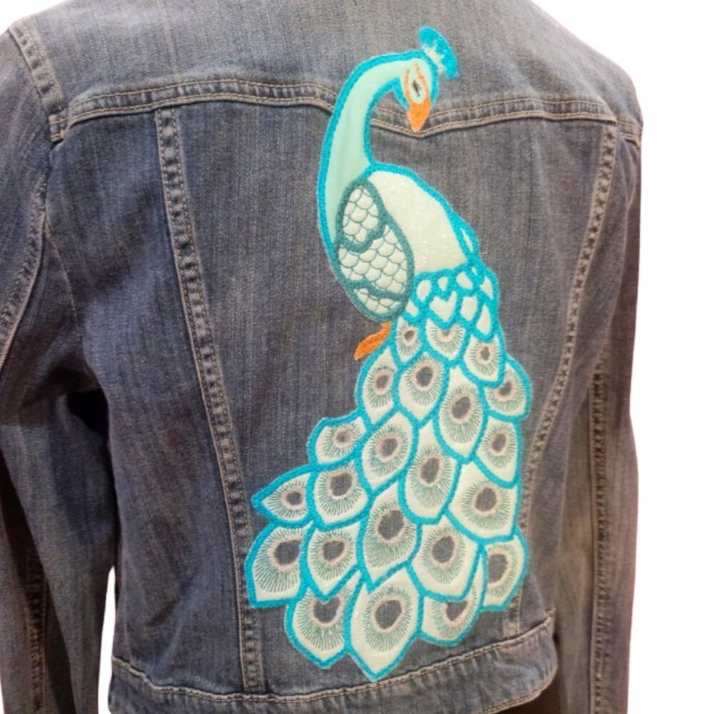 Elle Jean Jacket with Peacock embroidery design on back very unique
